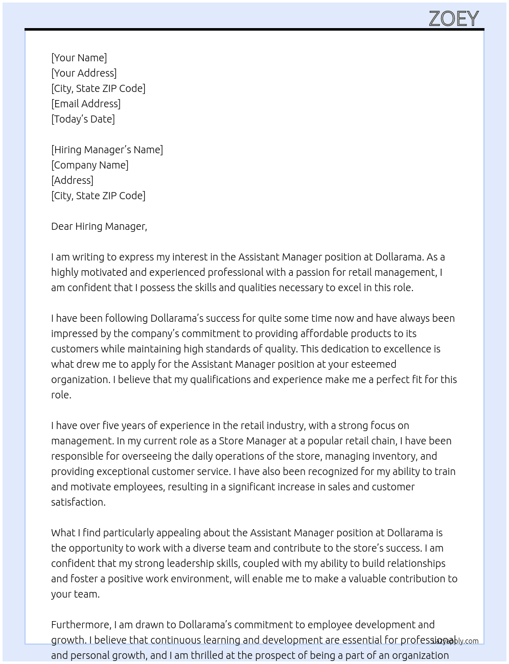 Assistant manager  At Dollarama  Cover Letter