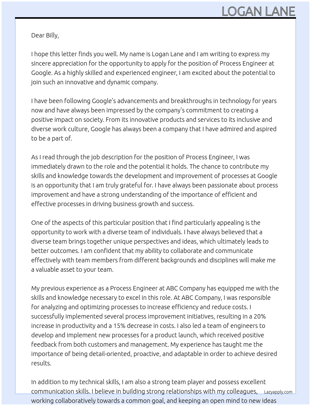 process engineer At google Cover Letter
