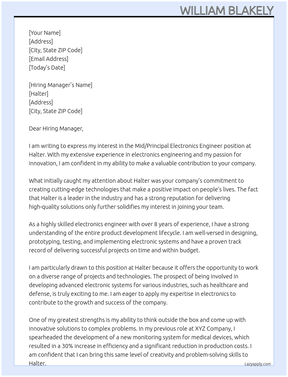 Mid/Principal Electronics Engineer At Halter Cover Letter
