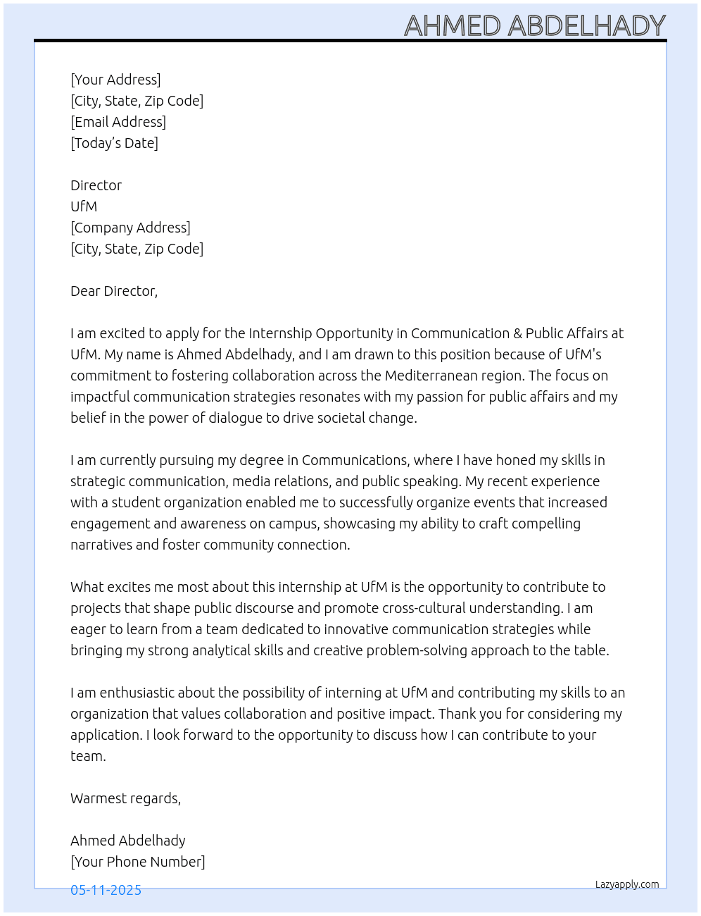 Internship Opportunity – Communication & Public Affairs At UfM Cover Letter