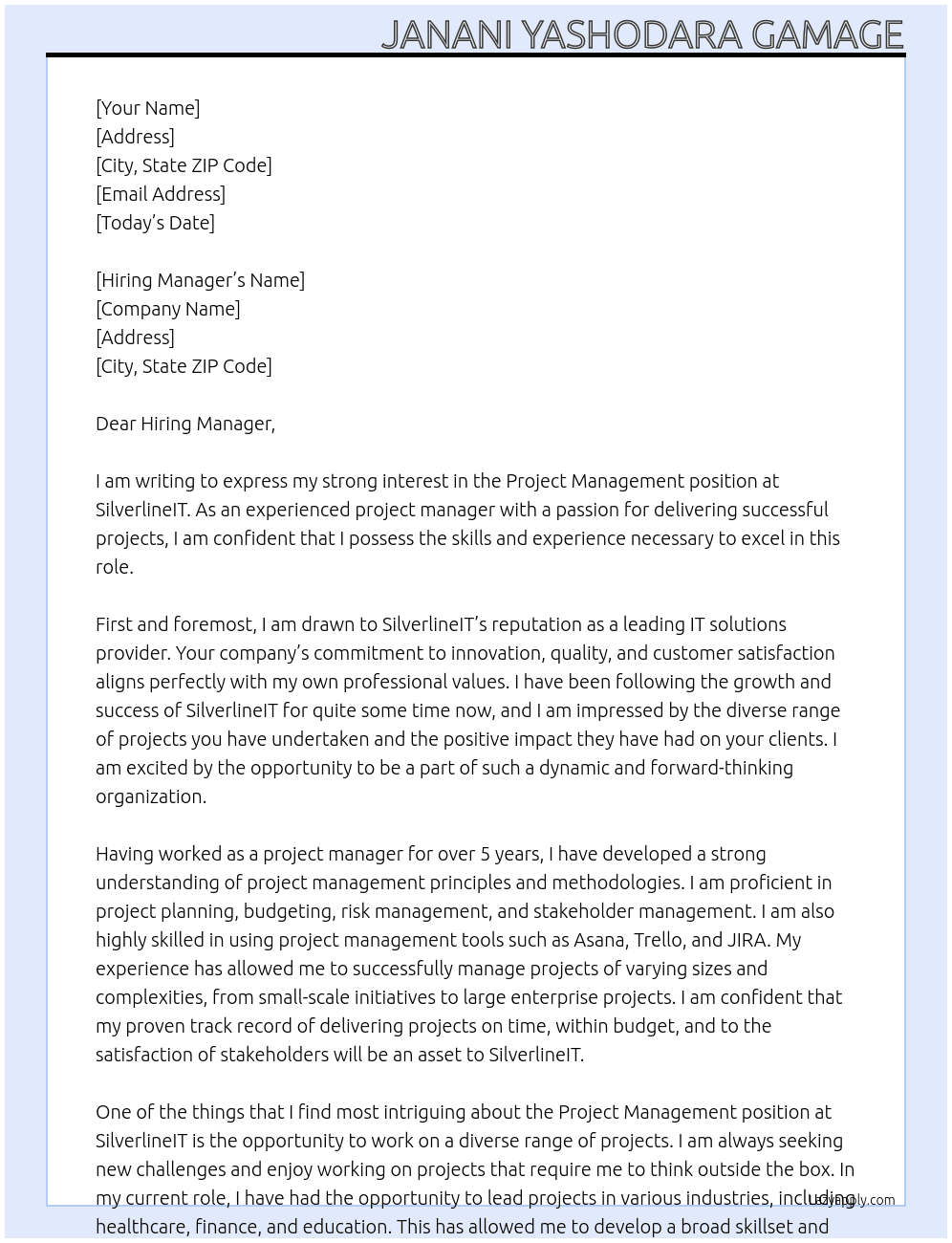 project management At SilverlineIT Cover Letter