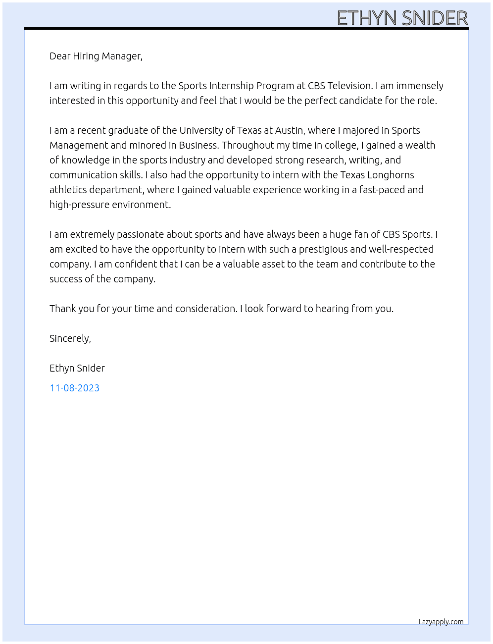 Sports Internship Program At CBS Television Cover Letter