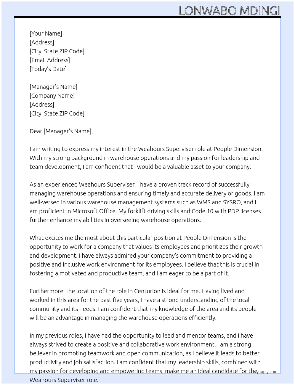 Weahours Superviser  At People Dimension  Cover Letter