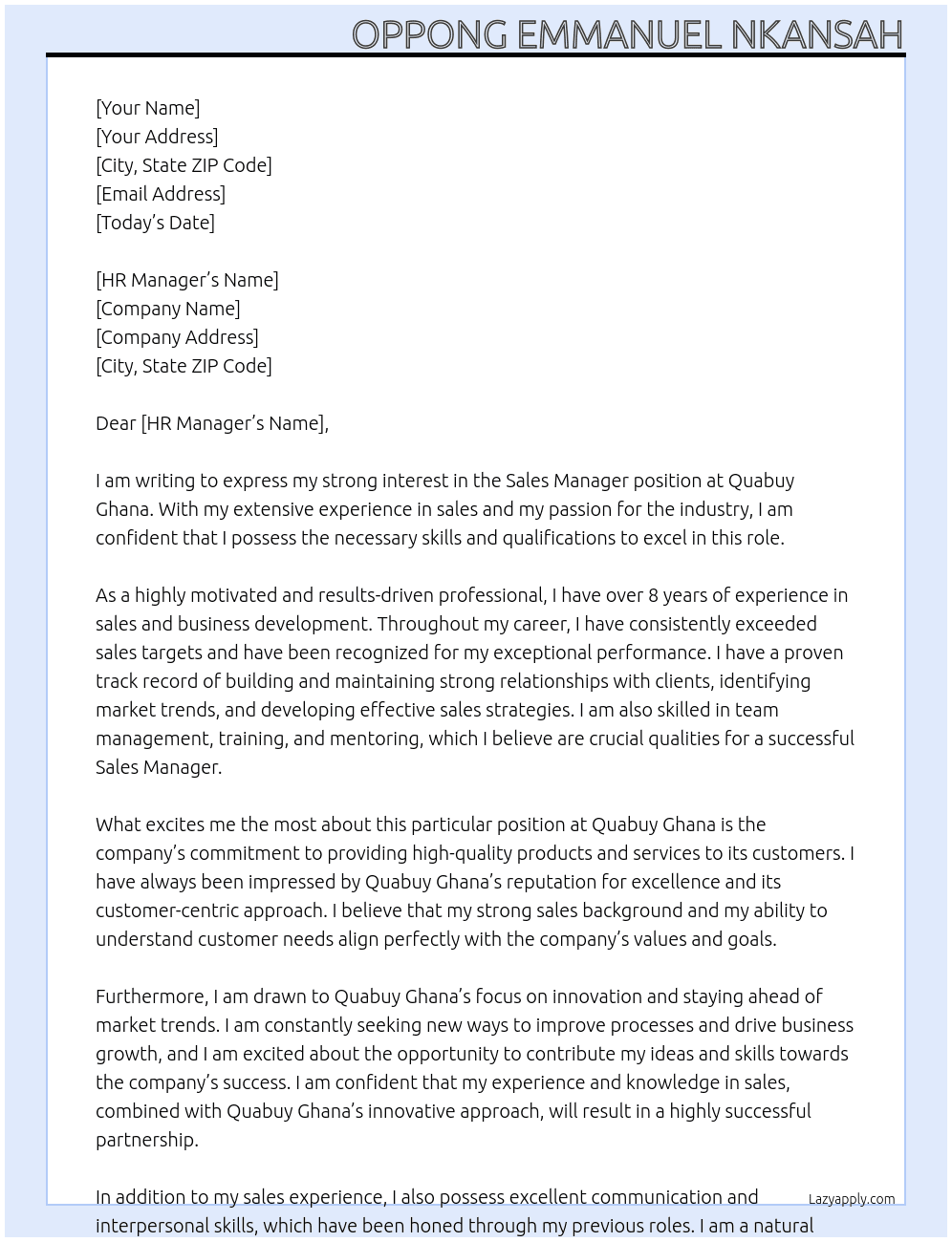 Sales manager  At Quabuy Ghana  Cover Letter