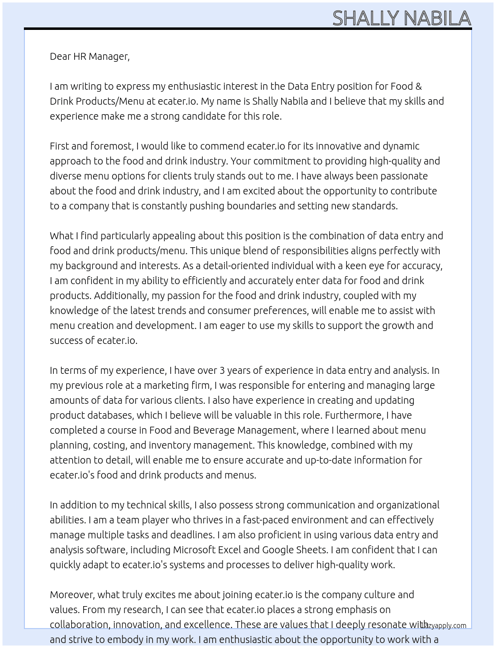 Data Entry, Food & Drink Products/Menu  At ecater.io Cover Letter