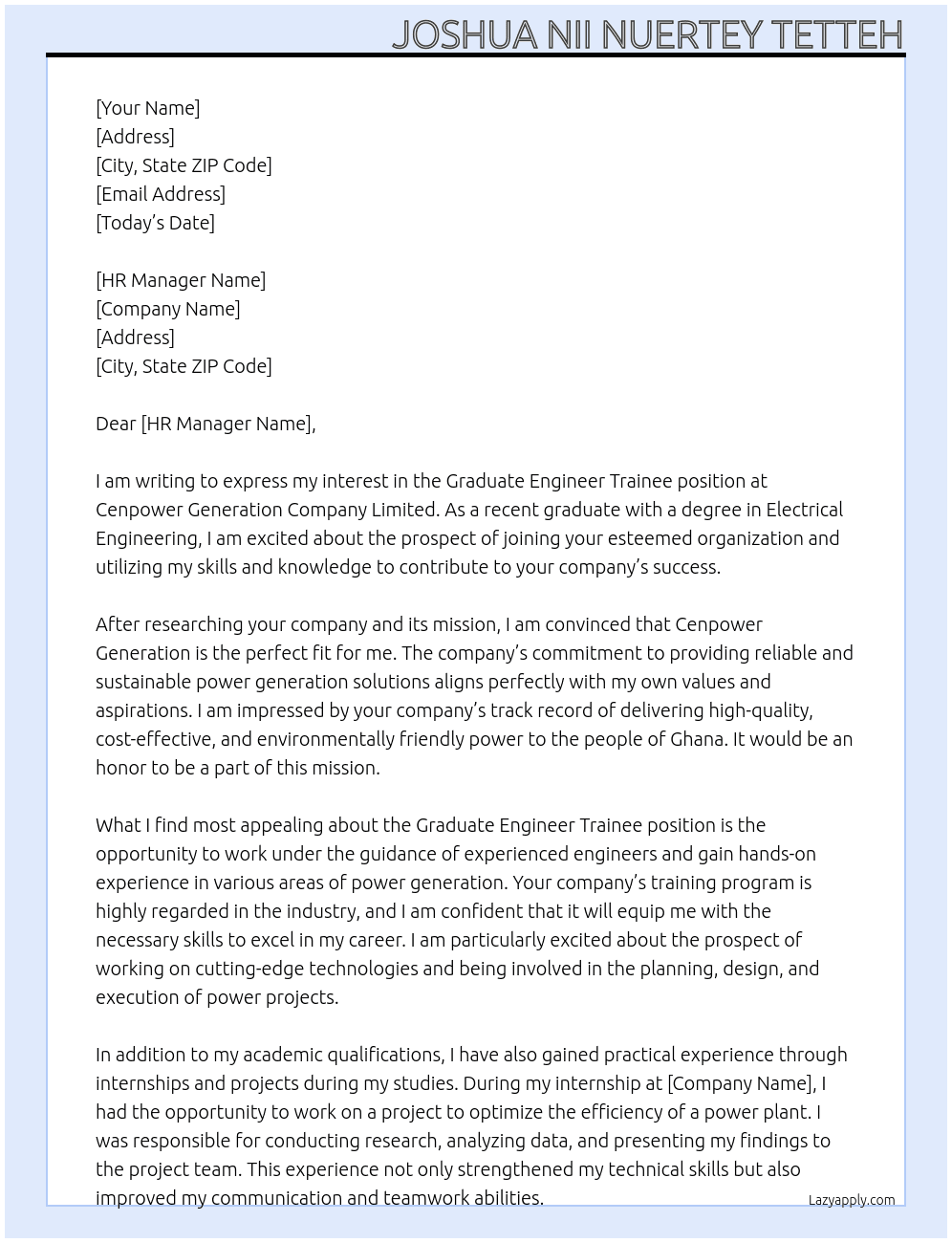 Graduate Engineer Trainee At Cenpower Generation Company Limited Cover Letter