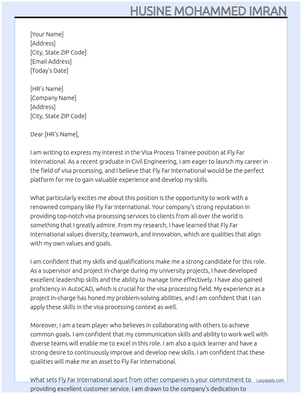 Visa Process trainee  At Fly far international  Cover Letter