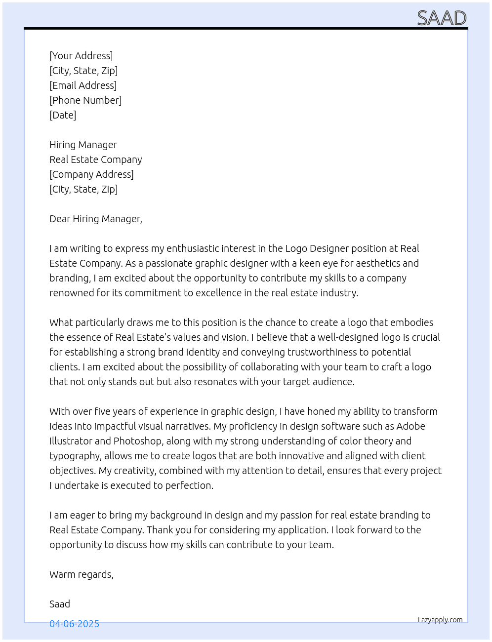 Cover letter for logo dezined - LazyApply