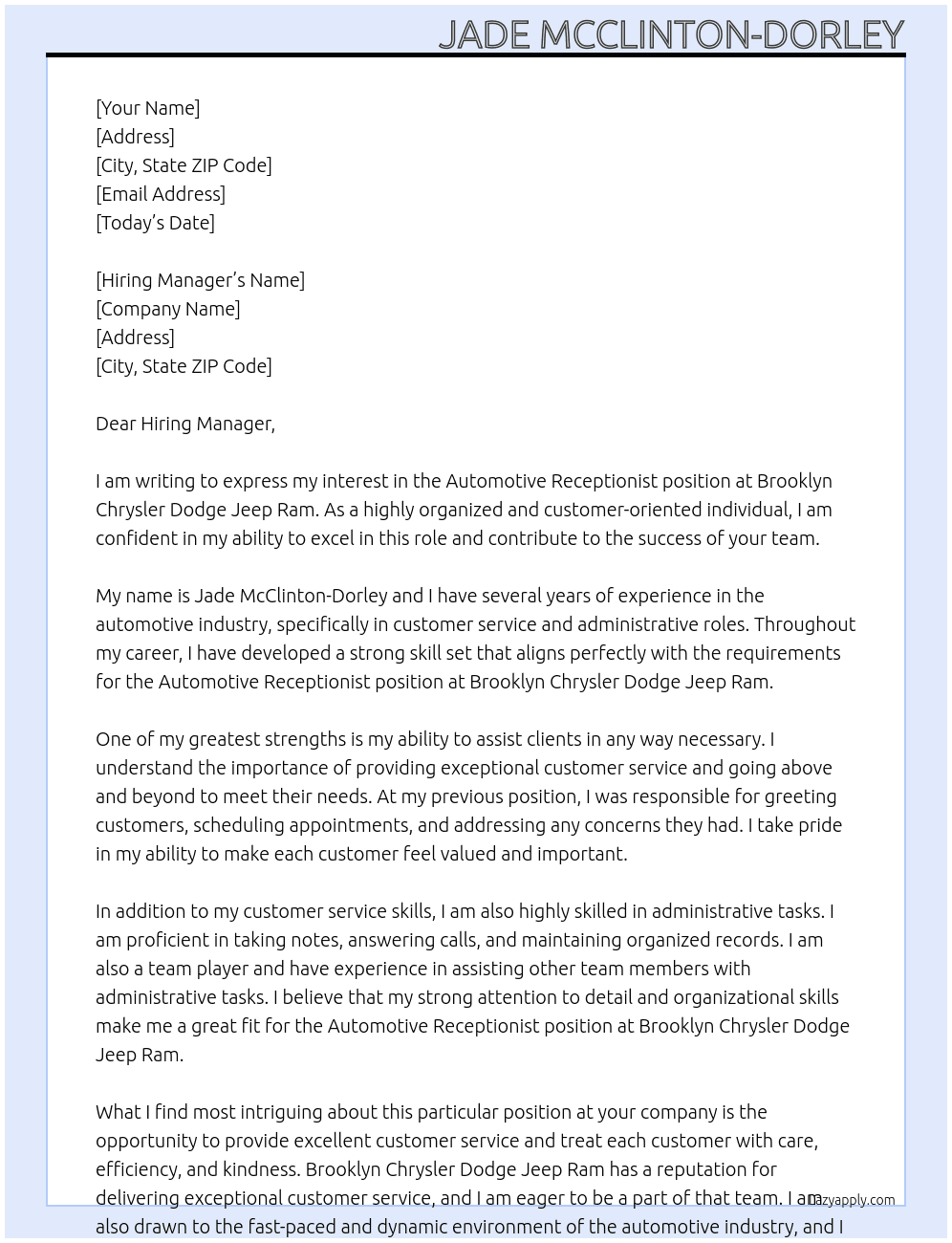 Automotive Receptionist At Brooklyn Chrysler Dodge Jeep Ram Cover Letter