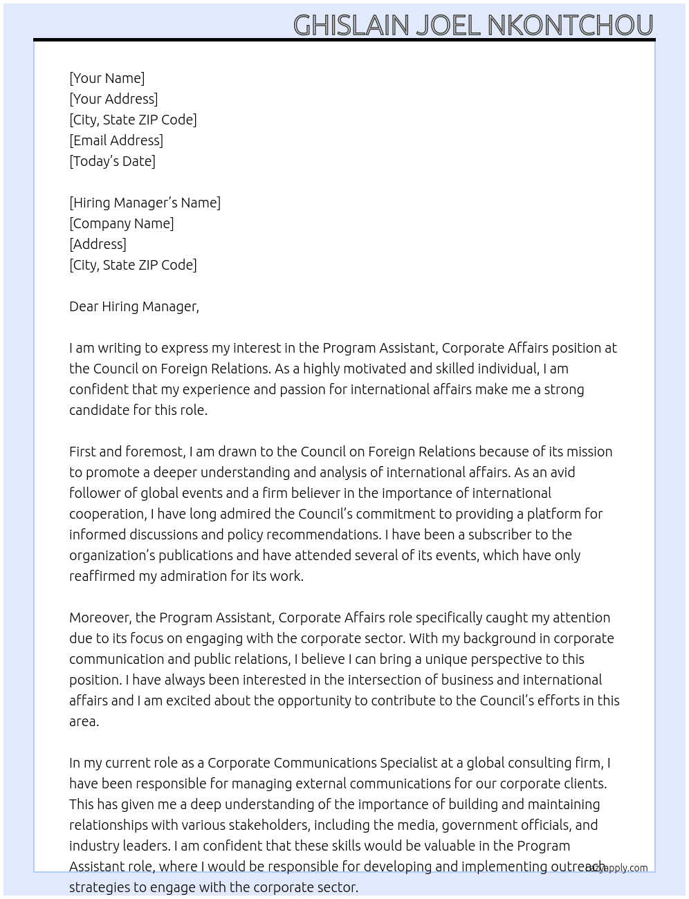 Program Assistant, Corporate Affairs At Council on Foreign Relations Cover Letter
