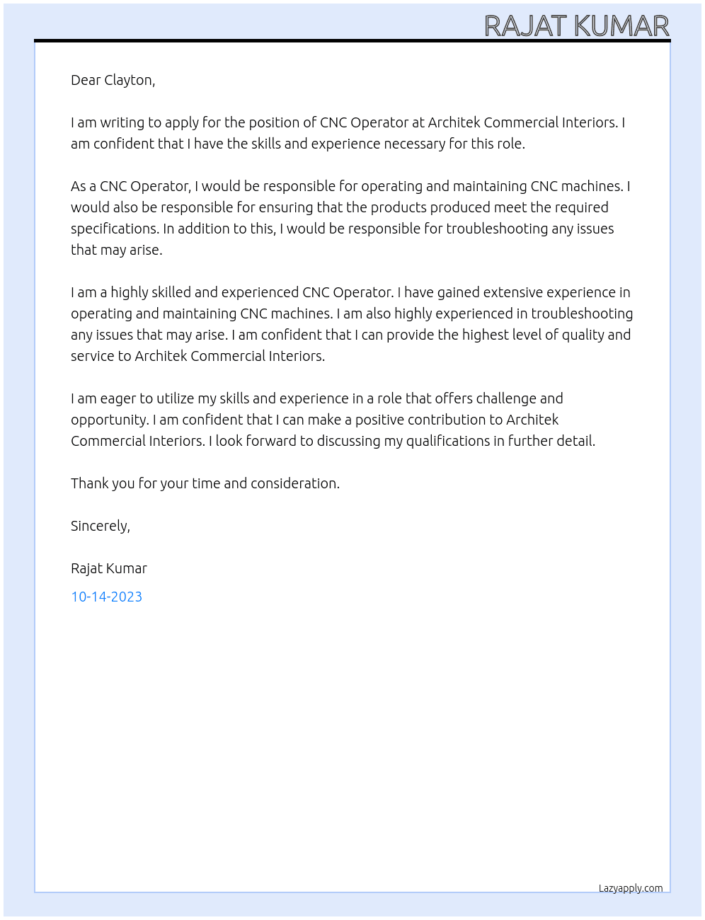 CNC OPERATOR At Architek commercial  interiors Cover Letter