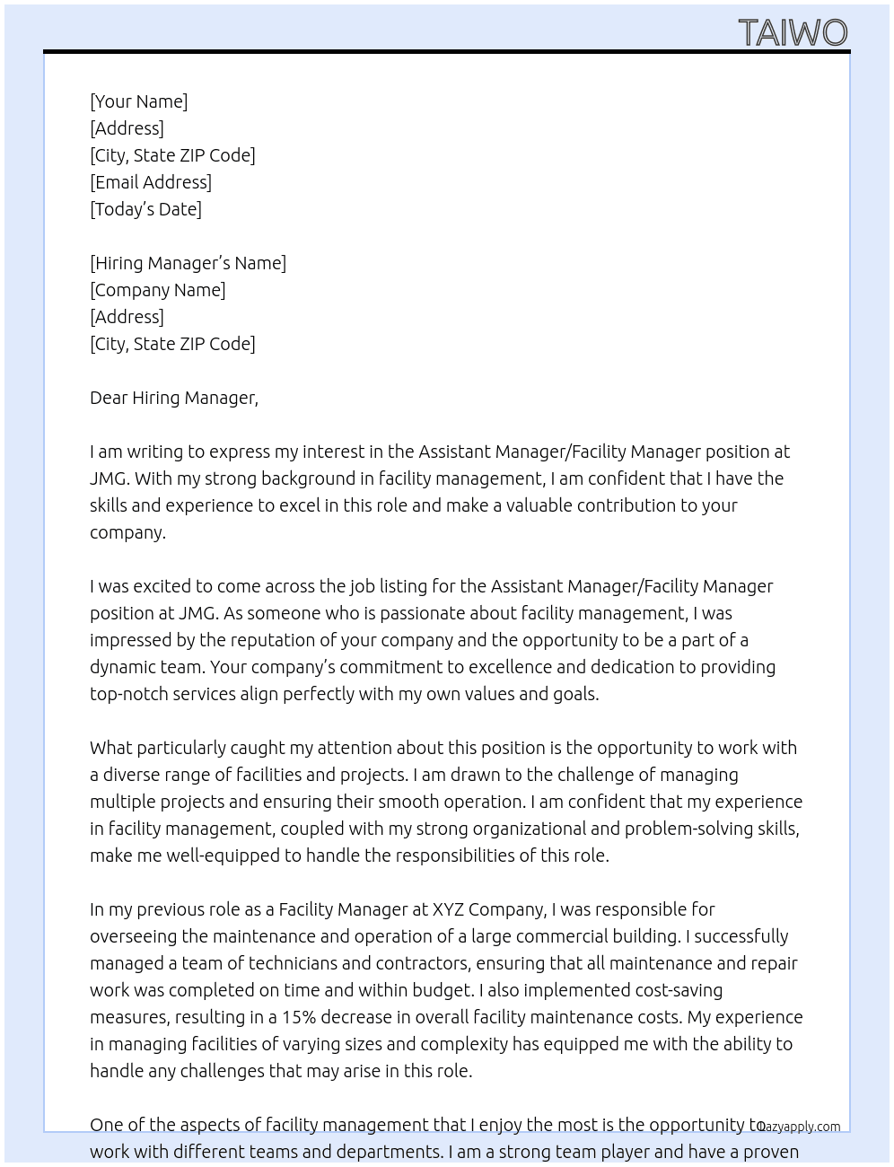 Assistant manager/facility manager At JMG Cover Letter