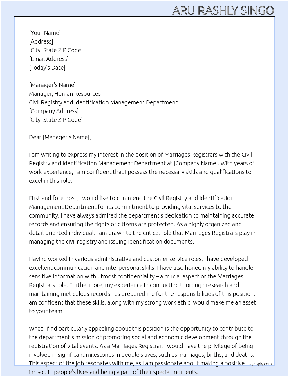 Marriages Registrars with the Civil Registry and Identification Management Department At  Civil Registry and Identification Management Department Cover Letter
