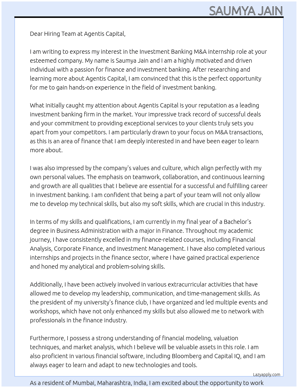 Investment Banking M&A  At Agentis Capital Cover Letter