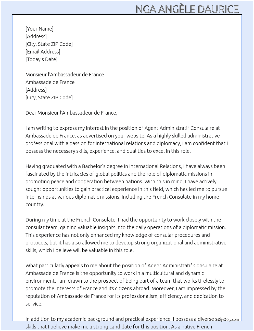 Agent administratif consulaire  At Ambassade de france Cover Letter