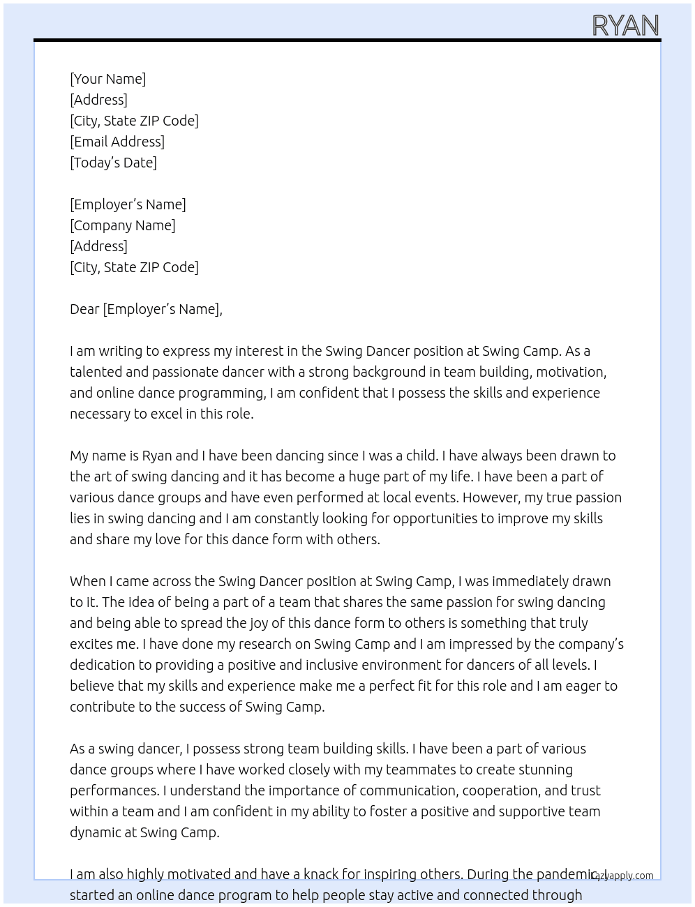 Swing dancer  At Swing camp  Cover Letter