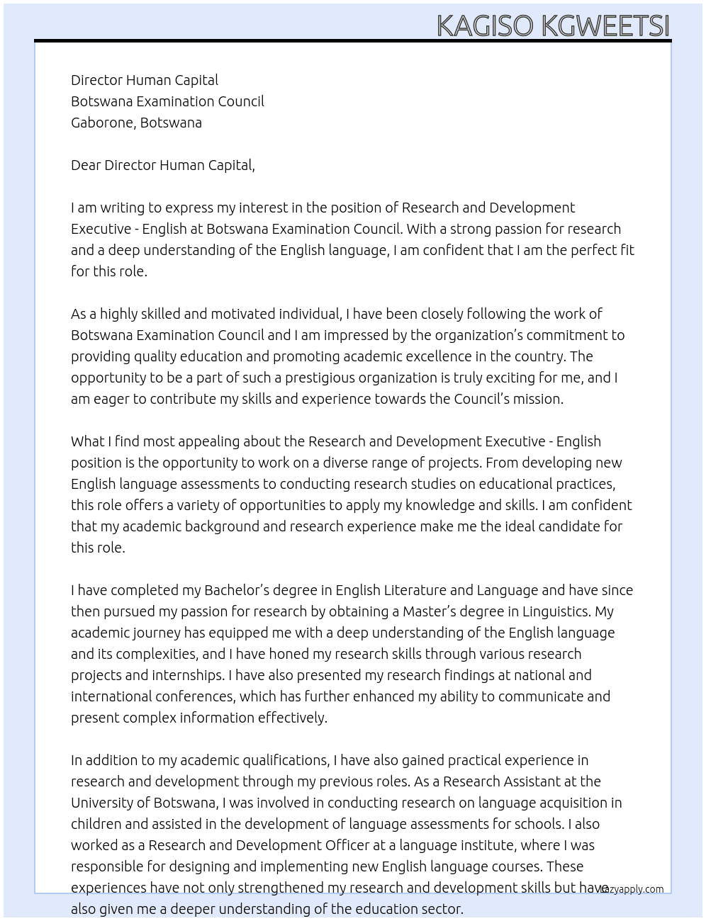 Research and Development Executive -English At Botswana Examination Council  Cover Letter