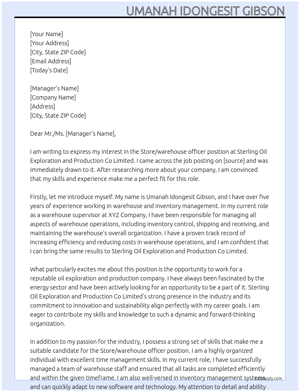 Store/warehouse officer At Sterling oil exploration and production co  Limited  Cover Letter