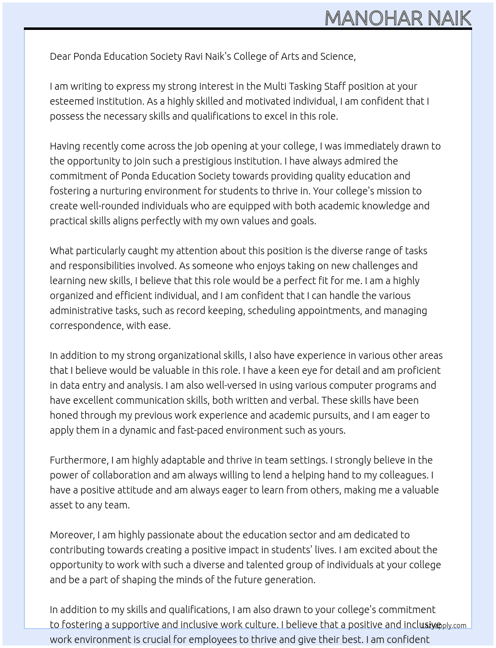 Multi Tasking Staff At Ponda Education Society Ravi Naik's College of Arts and Science Cover Letter
