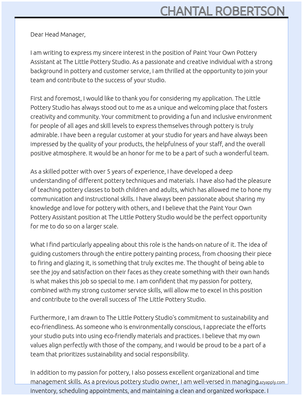 Paint your own pottery assistant  At The little pottery studio  Cover Letter
