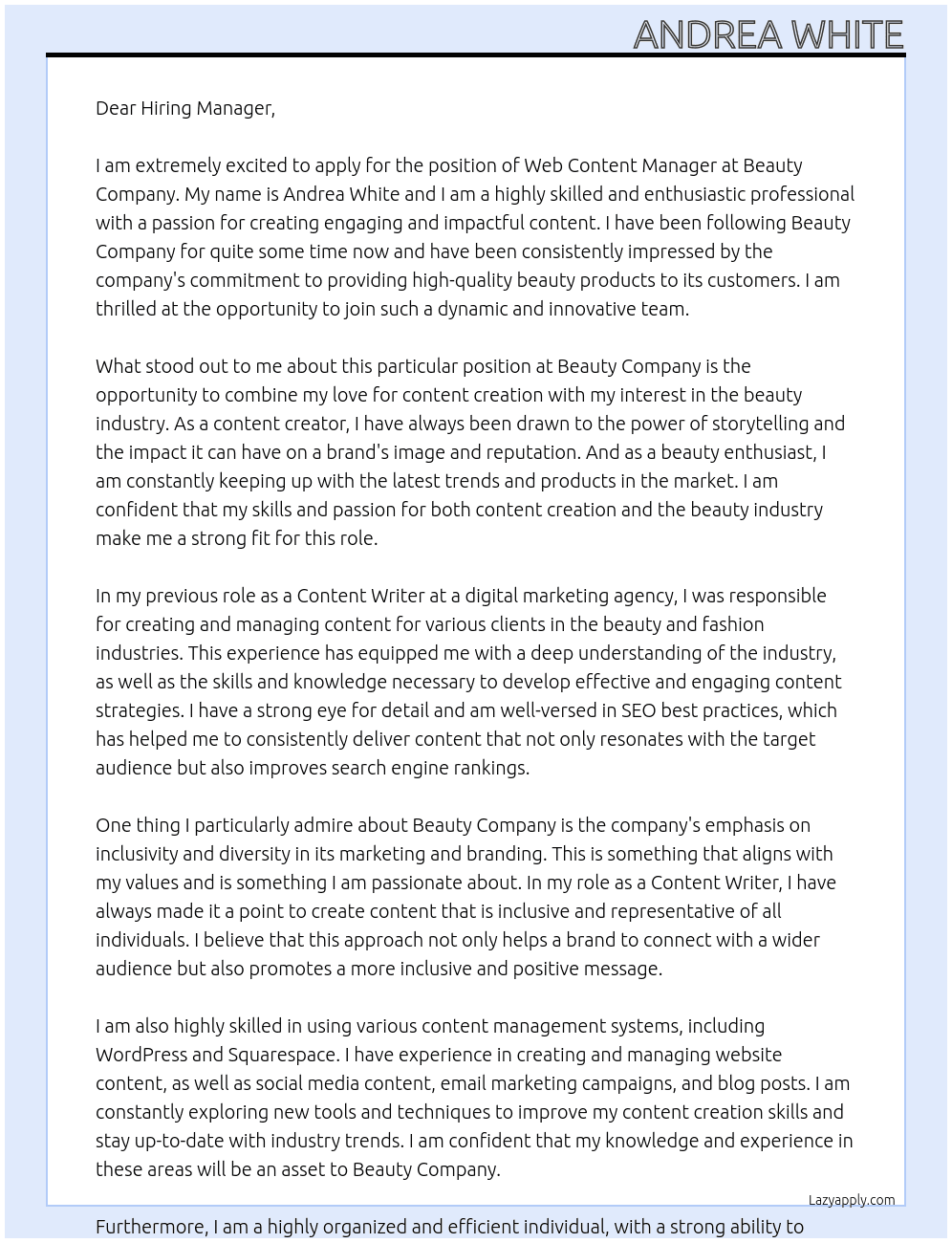Web Content Manager At Beauty Company Cover Letter
