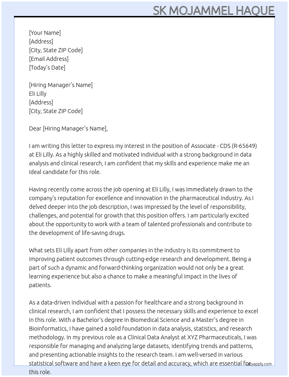 Associate - CDS (R-65649) At Eli Lilly Cover Letter