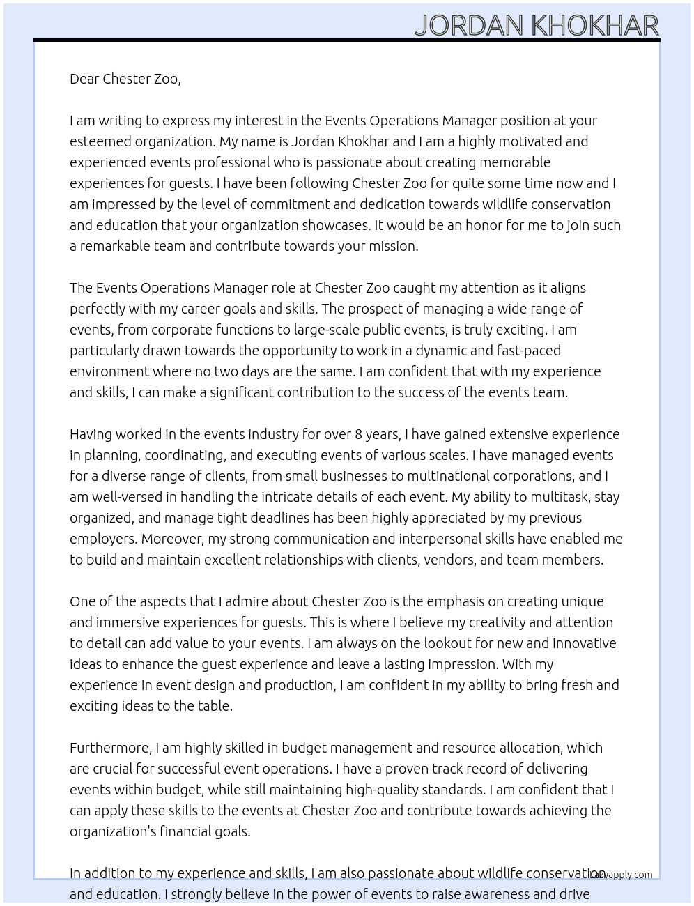 Events Operations Manager At Chester Zoo Cover Letter