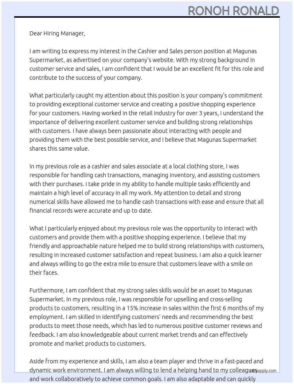 Cashier and Sales person At Magunas Supermarket Cover Letter