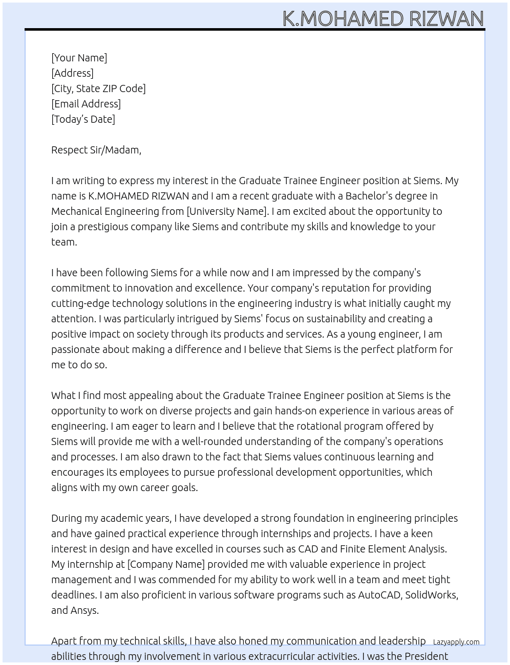 Graduate Trainee Engineer - At Siems Cover Letter