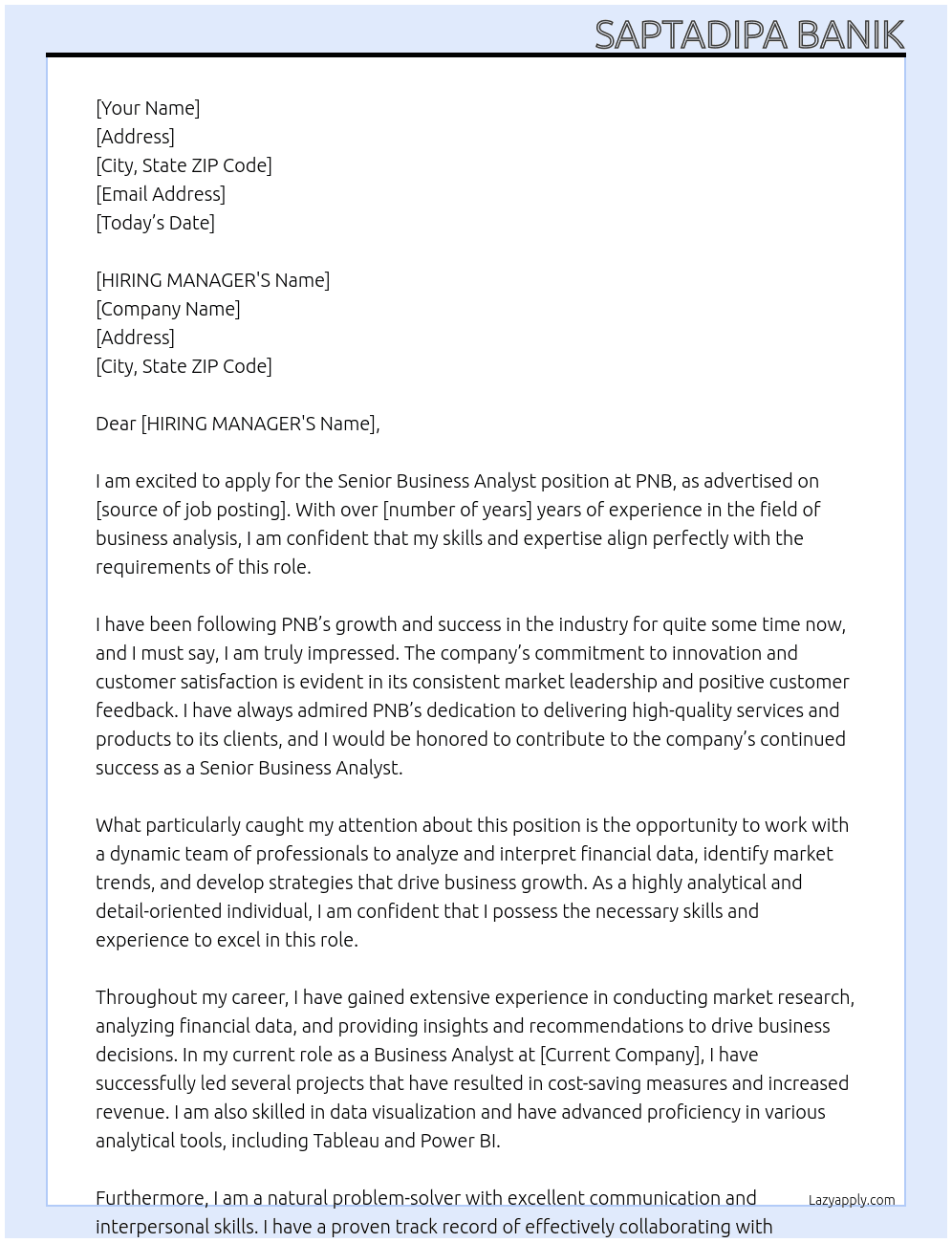 SENIOR BUSINESS ANALYST At PNB Cover Letter