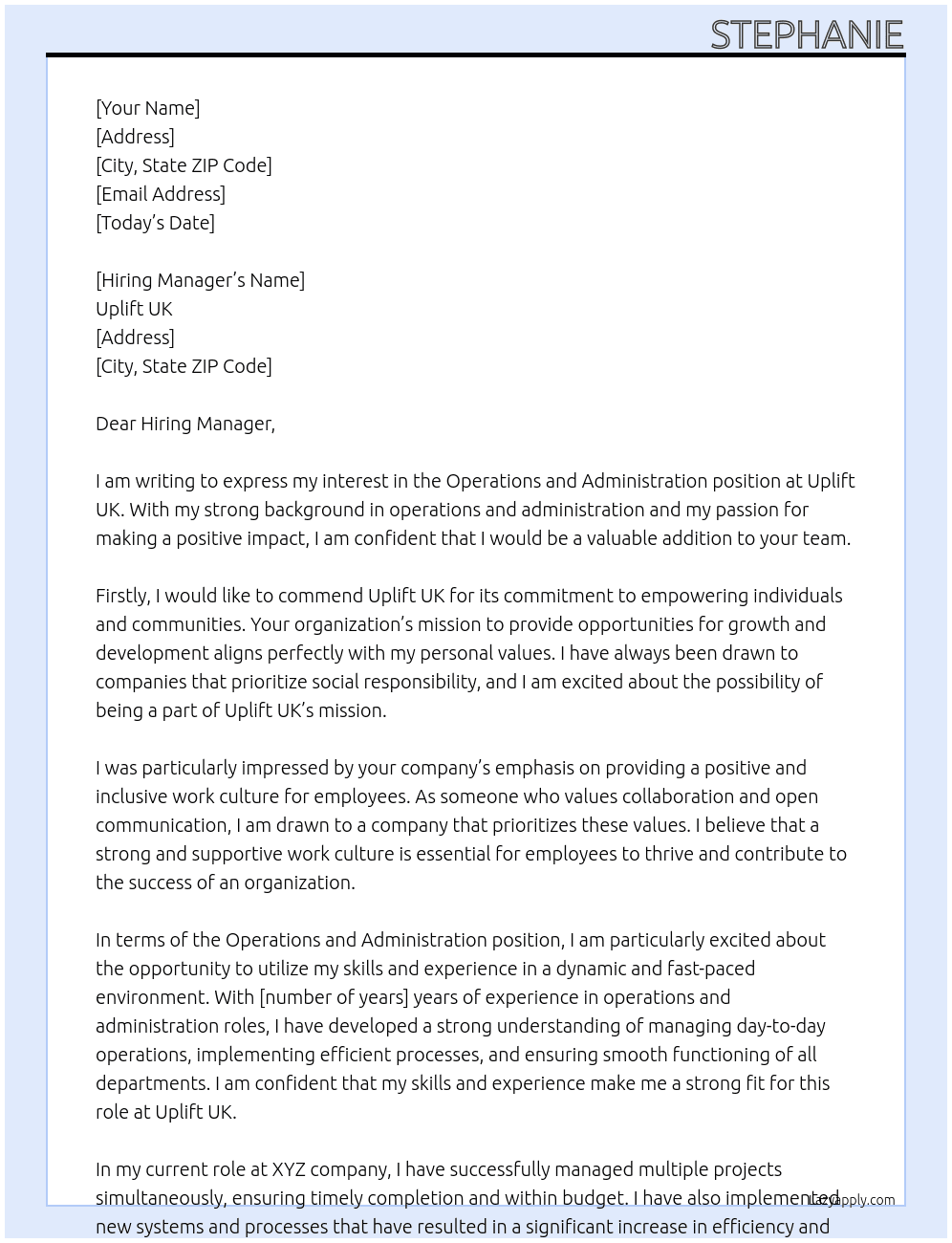 the Operations and Administration  At Uplift UK Cover Letter