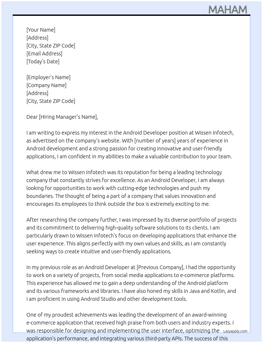 Android Developer At Wissen Infotech Cover Letter