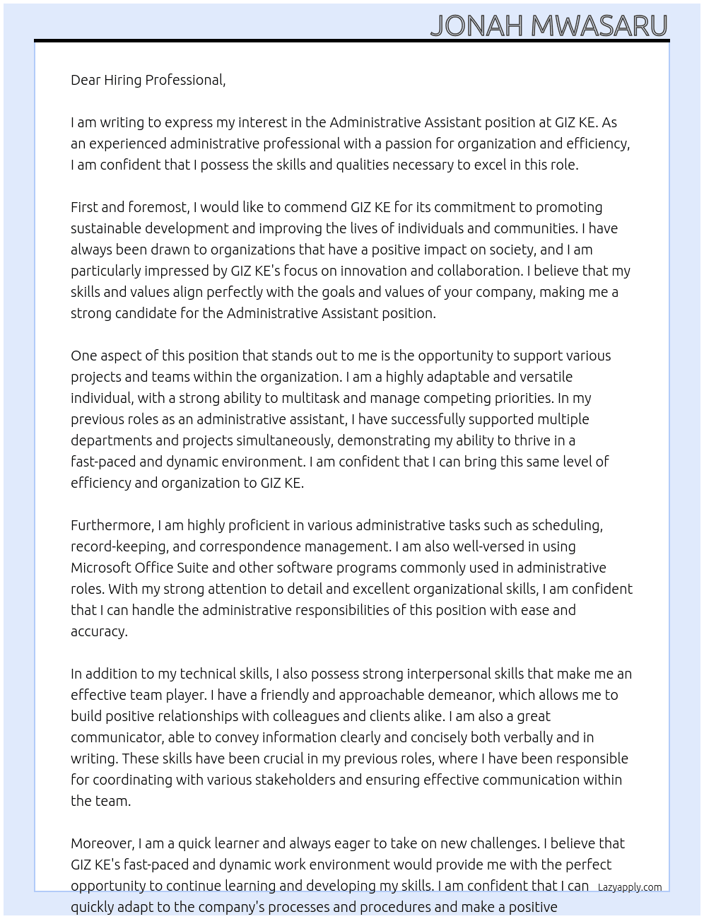 Administrative Assistant At GIZ KE Cover Letter