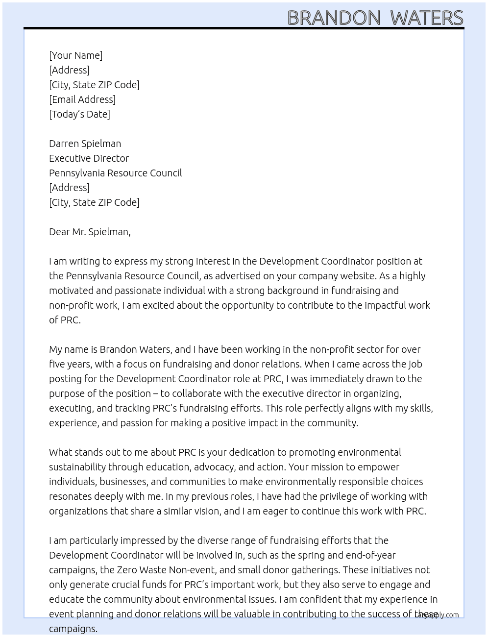 Development Coordinator At Pennsylvania Resource Council Cover Letter