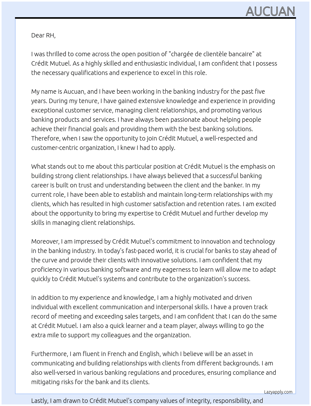 chargée de clientèle bancaire At Crédit Mutuel Cover Letter