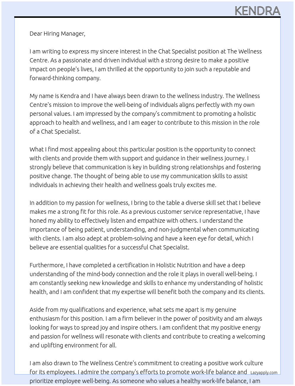 CHAT SPECIALIST At THE WELLNESS CENTRE Cover Letter