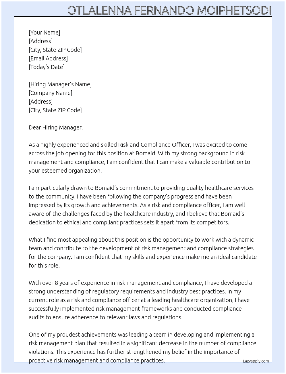 Risk and Compliance Officer At Bomaid Cover Letter