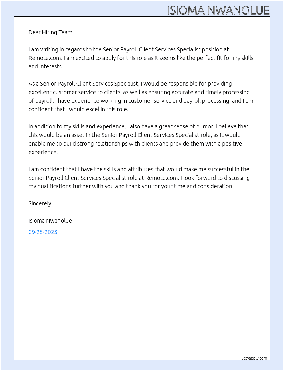 Senior Payroll Client Services Specialist At Remote.com Cover Letter