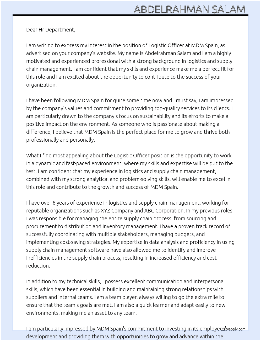 Logistic Officer At MDM Spain Cover Letter