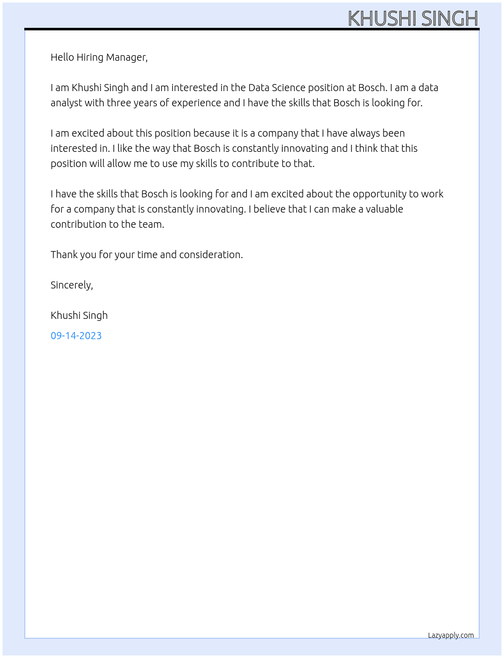 Data Science At Bosch Cover Letter