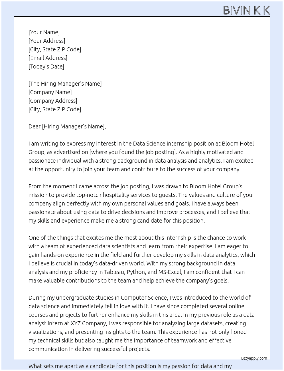Data Science internship At Bloom Hotel Group Cover Letter