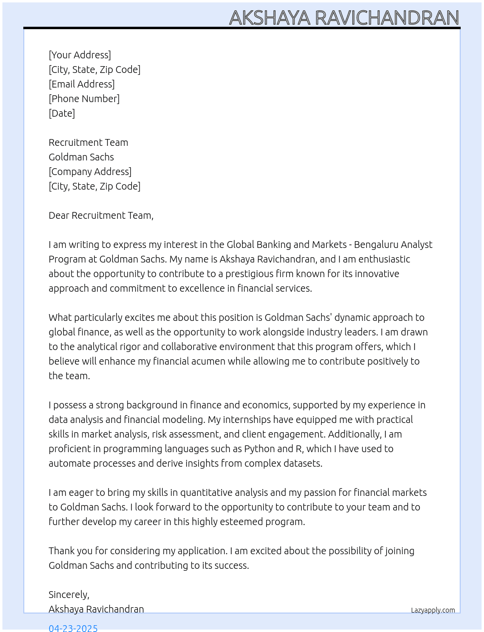 Cover letter for global banking and markets - bengaluru analyst program - LazyApply