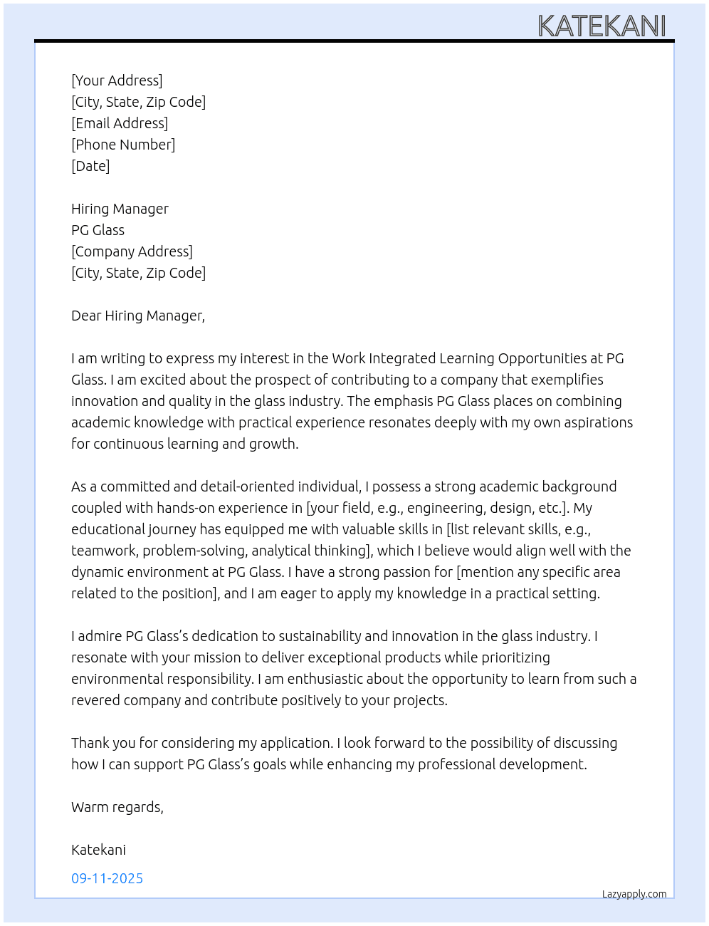Work integrated learning opportunities  At PG Glass Cover Letter