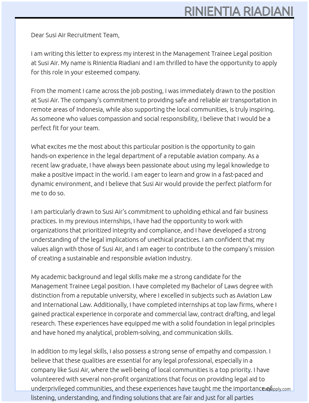Management Trainee Legal At Susi Air Cover Letter
