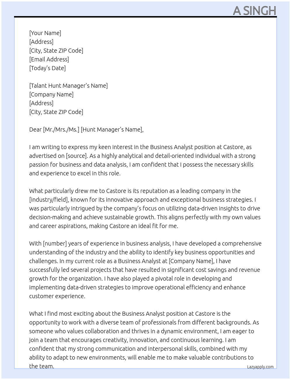 Business Analyst  At Castore Cover Letter