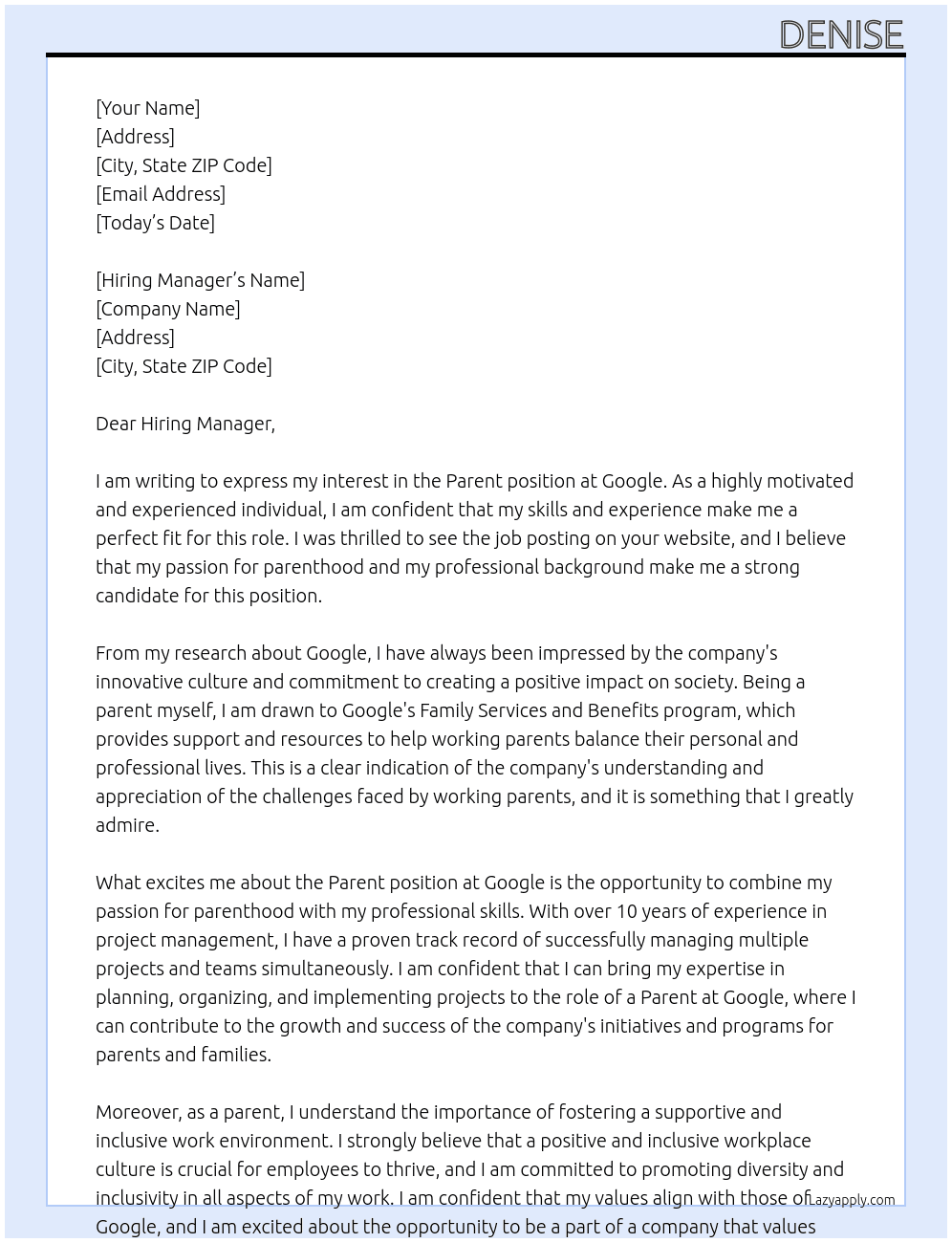 Cover letter for parent - LazyApply