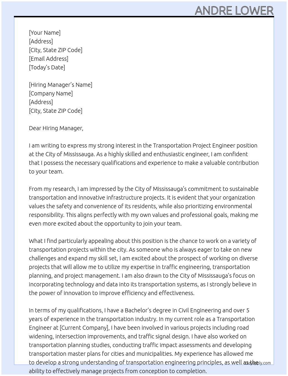 Transportation Project Engineer At City of Mississauga Cover Letter