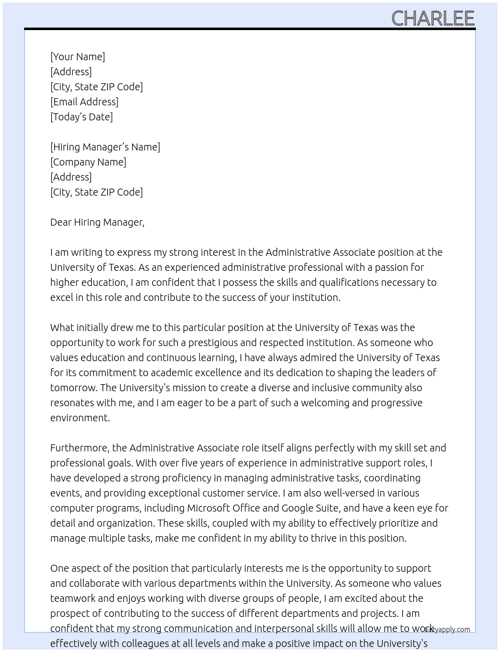 Administrative Associate At University of Texas Cover Letter
