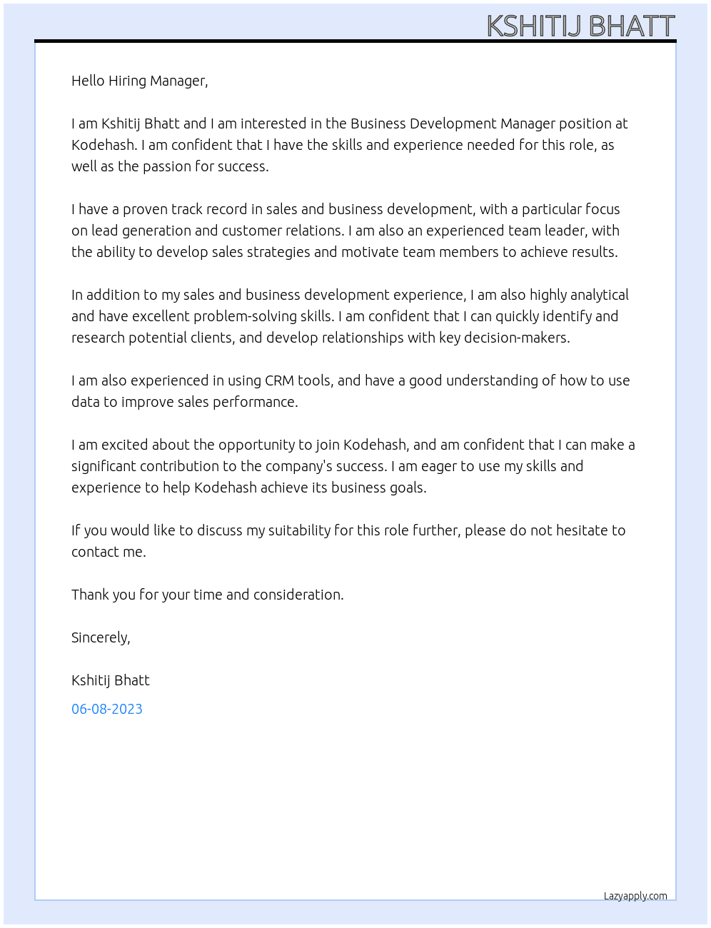 Business Development Manager At Kodehash Cover Letter
