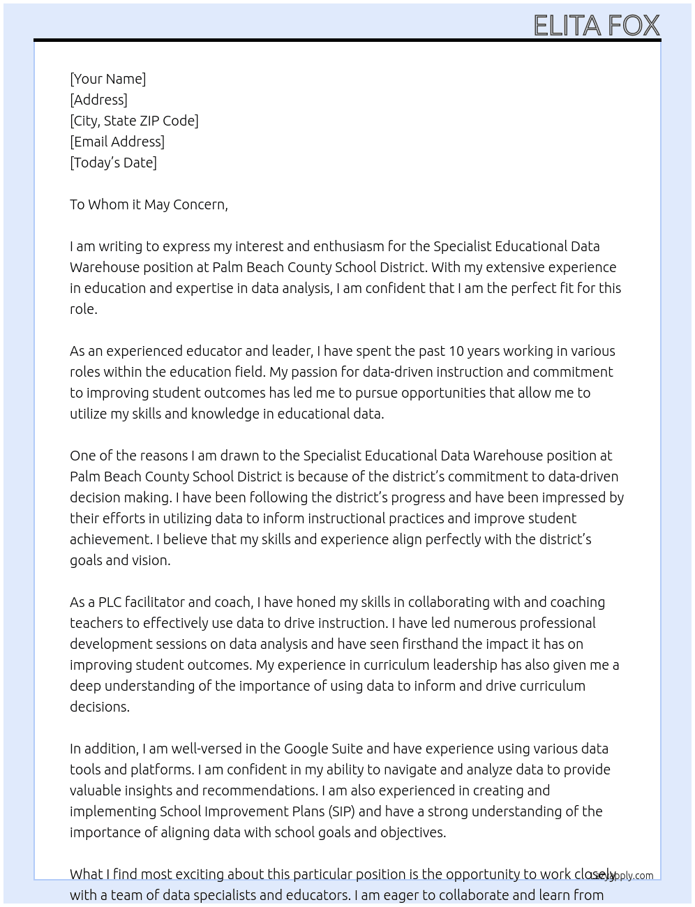 Specialist Educational Data Warehouse At Palm Beach County School District Cover Letter